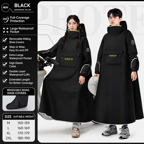 Black Full Coverage & Extended Cycling Hooded Rain Poncho with Detachable Shoe Covers, M Size – Thickened Waterproof Oxford Motorcycle Raincoat with Face-Protection Elastic Collar, Large Storage Pocket and Foldable Sleeve Cover for Men Women Outdoor Use
