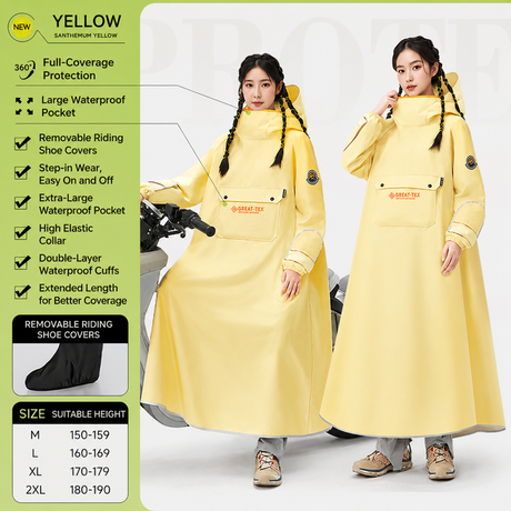 Yellow Full Coverage & Extended Cycling Hooded Rain Poncho with Detachable Shoe Covers, M Size – Thickened Waterproof Oxford Motorcycle Raincoat with Face-Protection Elastic Collar, Large Storage Pocket and Foldable Sleeve Cover for Men Women Outdoor Use