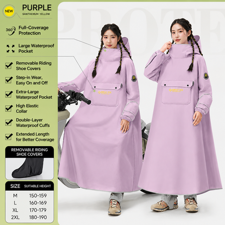 Purple Full Coverage & Extended Cycling Hooded Rain Poncho with Detachable Shoe Covers, 2XL Size – Thickened Waterproof Oxford Motorcycle Raincoat with Face-Protection Elastic Collar, Large Storage Pocket and Foldable Sleeve Cover for Men Women Outdoor Us