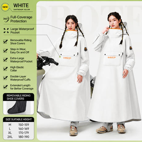 White Full Coverage & Extended Cycling Hooded Rain Poncho with Detachable Shoe Covers, M Size – Thickened Waterproof Oxford Motorcycle Raincoat with Face-Protection Elastic Collar, Large Storage Pocket and Foldable Sleeve Cover for Men Women Outdoor Use