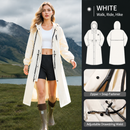 White Full-Cover Hooded EVA Raincoat, Long Trench Coat Waterproof Rain Poncho with Adjustable Waist & Collar Drawstring, Zipper & Snap Windproof Closure, Extended Clear Brim and Covered Pockets for Dailywear Cycling Hiking Camping Use, L Size