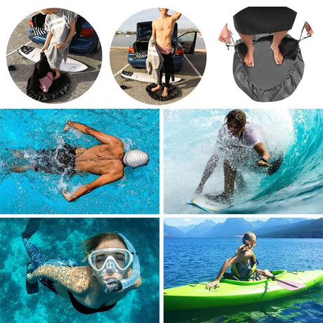 3-Piece Black Waterproof Drawstring Storage Bag and Changing Ground Mat Set for Wet Clothes – Swimwear Raincoat Storage Pouch, Dia 50CM & 90CM & 130CM, Outdoor Swimming Cycling Hiking Travel Accessories