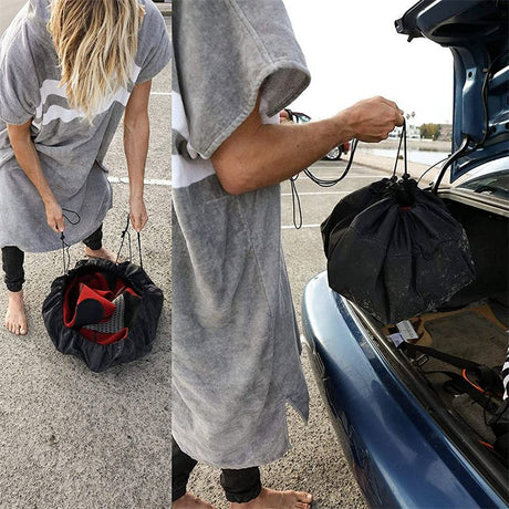 3-Piece Black Waterproof Drawstring Storage Bag and Changing Ground Mat Set for Wet Clothes – Swimwear Raincoat Storage Pouch, Dia 50CM & 90CM & 130CM, Outdoor Swimming Cycling Hiking Travel Accessories