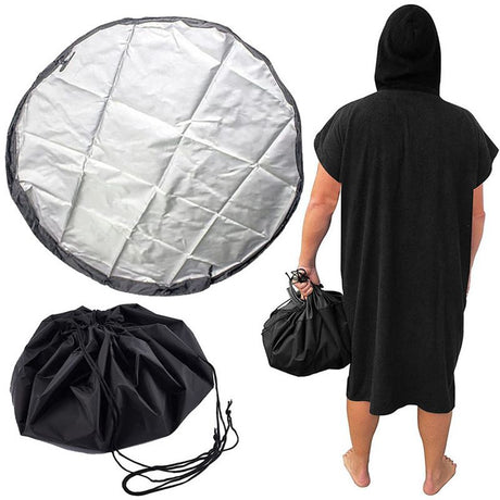 3-Piece Black Waterproof Drawstring Storage Bag and Changing Ground Mat Set for Wet Clothes – Swimwear Raincoat Storage Pouch, Dia 50CM & 90CM & 130CM, Outdoor Swimming Cycling Hiking Travel Accessories