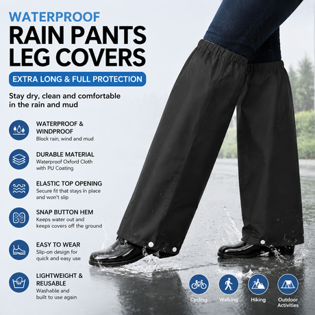 Black Waterproof Rain Leg Covers and Long Half Rain Pants, Quick Pull-On with Adjustable Elastic Top & Snap Closure Cuffs – Lightweight & Reusable, Windproof & Mudproof for Commuting, Cycling, Garden and Outdoor Activities (1 Pair 3XL)