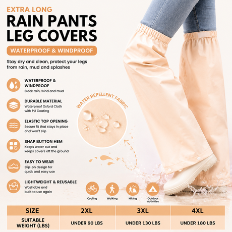 Beige Waterproof Rain Leg Covers and Long Half Rain Pants, Quick Pull-On with Adjustable Elastic Top & Snap Closure Cuffs – Lightweight & Reusable, Windproof & Mudproof for Commuting, Cycling, Garden and Outdoor Activities (1 Pair 3XL)