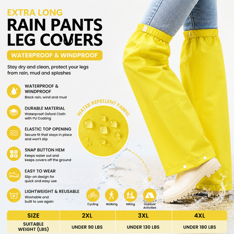 Yellow Waterproof Rain Leg Covers and Long Half Rain Pants, Quick Pull-On with Adjustable Elastic Top & Snap Closure Cuffs – Lightweight & Reusable, Windproof & Mudproof for Commuting, Cycling, Garden and Outdoor Activities (1 Pair 4XL)