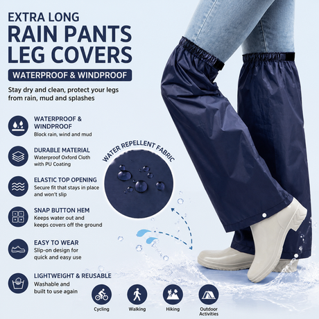Navy Blue Waterproof Rain Leg Covers and Long Half Rain Pants, Quick Pull-On with Adjustable Elastic Top & Snap Closure Cuffs – Lightweight & Reusable, Windproof & Mudproof for Commuting, Cycling, Garden and Outdoor Activities (1 Pair 4XL)