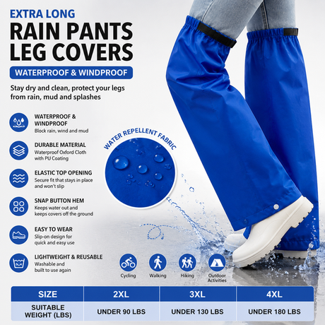 Royal Blue Waterproof Rain Leg Covers and Long Half Rain Pants, Quick Pull-On with Adjustable Elastic Top & Snap Closure Cuffs – Lightweight & Reusable, Windproof & Mudproof for Commuting, Cycling, Garden and Outdoor Activities (1 Pair 4XL)