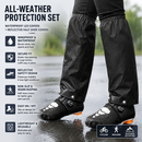 Black Waterproof Windproof Cycling Shoe Covers & Long Half Rain Pants Set – 2 Pairs Nonslip Reflective Half Toe Shoe Covers and 1 Pair Quick Pull-On Adjustable Leg Covers for Commuting, Hiking and Outdoor Riding