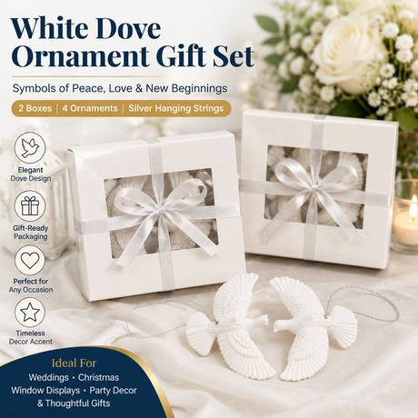 White Dove Christmas Ornament Set (4 Piece / 2 Gift Box) – Elegant Peace Dove Hanging Pendant with Gift Boxes & Silver Strings, Wedding Party Window Display Decor and Holiday Tree Accessories