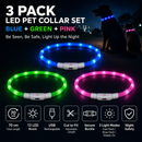 3PCS USB Rechargeable LED Pet Collar (Blue Green Pink) – 70cm Cuttable Silicone Glow Dog Collar with 12 LED Beads, 3 Flash Modes and Easy-Loop Design, Night Safety Glow Necklace for Dogs and Cats Walking