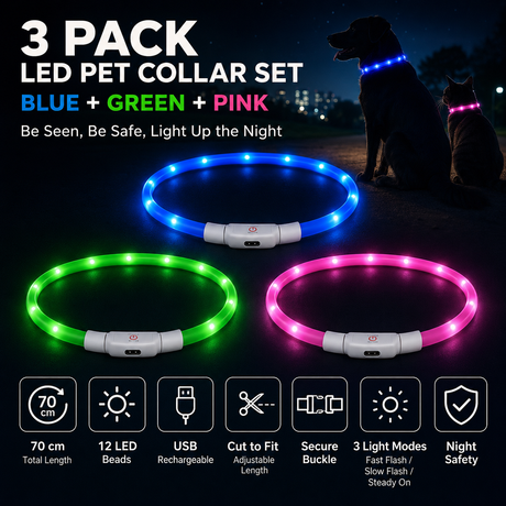 3PCS USB Rechargeable LED Pet Collar (Blue Green Pink) – 70cm Cuttable Silicone Glow Dog Collar with 12 LED Beads, 3 Flash Modes and Easy-Loop Design, Night Safety Glow Necklace for Dogs and Cats Walking