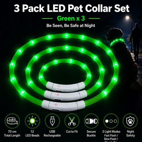 3PCS Green USB Rechargeable LED Pet Collar Set – 70cm Cuttable Silicone Glow Dog Collar with 12 LED Beads, 3 Flash Modes and Secure Buckle Design, Night Safety Glow Necklace for Dogs and Cats Walking