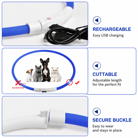 3PCS Green USB Rechargeable LED Pet Collar Set – 70cm Cuttable Silicone Glow Dog Collar with 12 LED Beads, 3 Flash Modes and Secure Buckle Design, Night Safety Glow Necklace for Dogs and Cats Walking