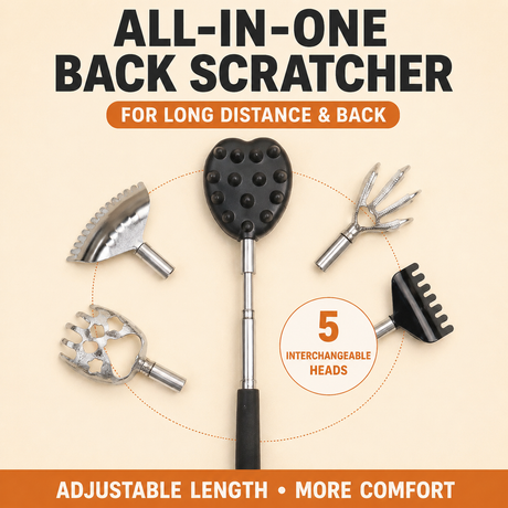 Portable Extendable Back Scratcher Massage Tool with 5 Detachable Heads – Metal Telescopic Rod and Non Slip Grip for Back Relief and Daily Comfort