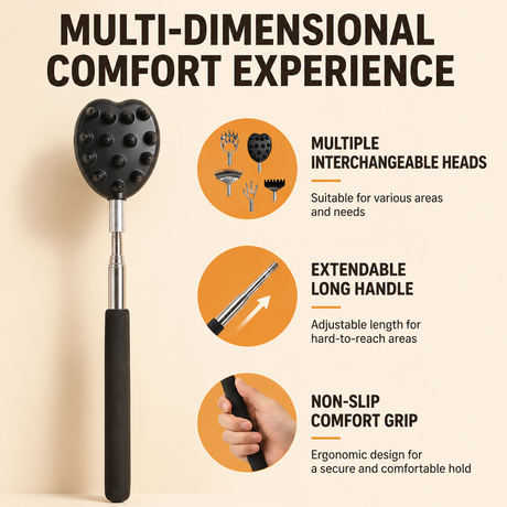 Portable Extendable Back Scratcher Massage Tool with 5 Detachable Heads – Metal Telescopic Rod and Non Slip Grip for Back Relief and Daily Comfort