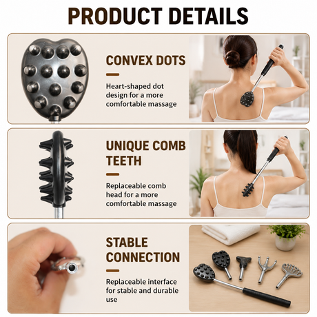 Portable Extendable Back Scratcher Massage Tool with 5 Detachable Heads – Metal Telescopic Rod and Non Slip Grip for Back Relief and Daily Comfort