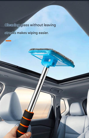 Blue Telescopic Car Windshield Cleaning Brush with 3 Replacement Microfiber- Aluminium Alloy Extendable Handle, 180° Rotatable Microfibre Head, Anti-Fog & Streak-Free Glass Wiper for Car & Home Use, Soft Grip Foam Handle
