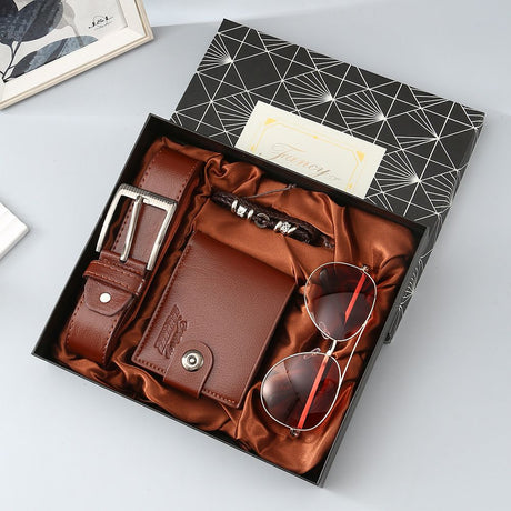 Brown 4-Piece Men's Gift Set - Leather Wallet, Belt, Sunglasses & Bracelet in Luxury Gift Box - Perfect for Father's Day, Birthday, Christmas, Valentine's Day, Anniversary, Graduation, Retirement - Stylish & Practical Gift for Him