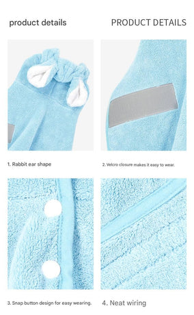 Blue S size Pet Drying Robe with Hood - Quick Dry Coral Fleece Towel for Dogs and Cats, Super Absorbent Bathrobe with Cute Rabbit Ears, Adjustable Fit for All Sizes, Easy to Wear and Machine Washable
