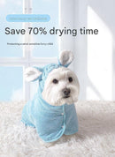 Blue M size Pet Drying Robe with Hood - Quick Dry Coral Fleece Towel for Dogs and Cats, Super Absorbent Bathrobe with Cute Rabbit Ears, Adjustable Fit for All Sizes, Easy to Wear and Machine Washable