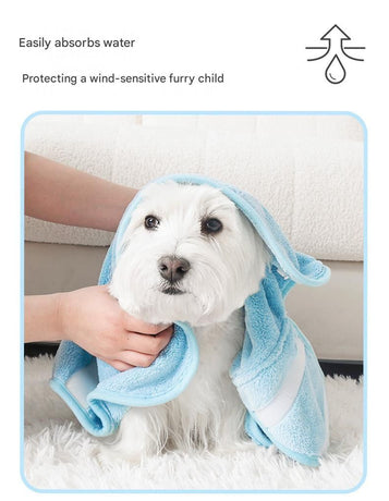 Blue M size Pet Drying Robe with Hood - Quick Dry Coral Fleece Towel for Dogs and Cats, Super Absorbent Bathrobe with Cute Rabbit Ears, Adjustable Fit for All Sizes, Easy to Wear and Machine Washable
