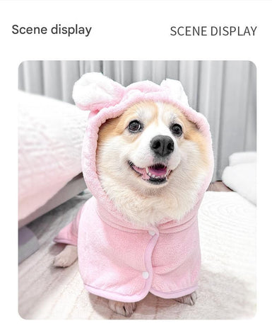 Blue M size Pet Drying Robe with Hood - Quick Dry Coral Fleece Towel for Dogs and Cats, Super Absorbent Bathrobe with Cute Rabbit Ears, Adjustable Fit for All Sizes, Easy to Wear and Machine Washable
