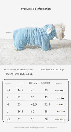 Blue L size Pet Drying Robe with Hood - Quick Dry Coral Fleece Towel for Dogs and Cats, Super Absorbent Bathrobe with Cute Rabbit Ears, Adjustable Fit for All Sizes, Easy to Wear and Machine Washable