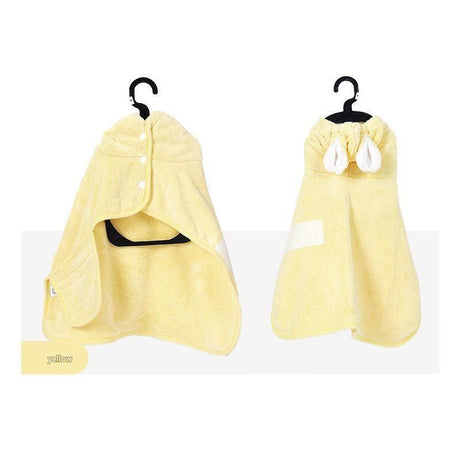Yellow M size Pet Drying Robe with Hood - Quick Dry Coral Fleece Towel for Dogs and Cats, Super Absorbent Bathrobe with Cute Rabbit Ears, Adjustable Fit for All Sizes, Easy to Wear and Machine Washable