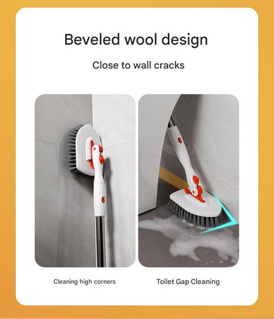 5-piece(Three-section pole+stiff brush+ base plate+fiber cloth+scouring pad) Long Handle Bathroom Floor Scrub Brush  - 180° Rotating Angle, Stainless Steel Pole, Corner Cleaning Design for Tiles, Grout, Bathtub, Shower - Heavy Duty Cleaning Tool