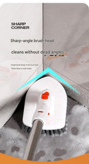 6-piece(Three-section pole+stiff brush+base plate+microfiber cloth + scouring pad+ squeegee) Long Handle Bathroom Floor Scrub Brush  - 180° Rotating Angle, Stainless Steel Pole, Corner Cleaning Design for Tiles, Grout, Bathtub, Shower - Heavy Duty Cleanin