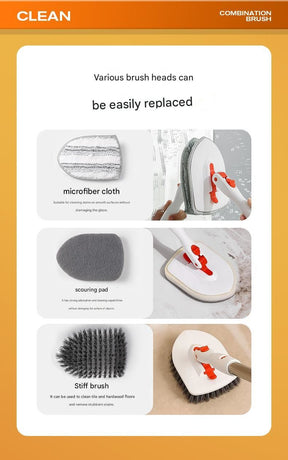 9-piece White and Orange Complete Home Cleaning Brush Set - Stainless Steel Telescopic Bathroom Scrubber and Wall Mounted Silicone Toilet Brush Kit with Multiple Replaceable Heads for Deep Cleaning Tiles, Floors, and Toilets