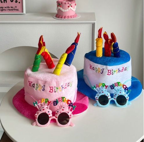 2-piece Pink Plush Birthday Cake Hat Set - Novelty Party Accessory with Matching Glasses, Fun Photo Prop for Adults and Kids
