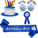 4-piece Blue Plush Birthday Cake Hat Set - Novelty Party Accessory with Matching Glasses and Medals and Shoulder Straps, Fun Photo Prop for Adults and Kids