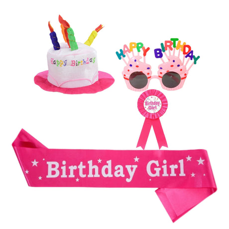 4-piece Pink Plush Birthday Cake Hat Set - Novelty Party Accessory with Matching Glasses and Medals and Shoulder Straps, Fun Photo Prop for Adults and Kids