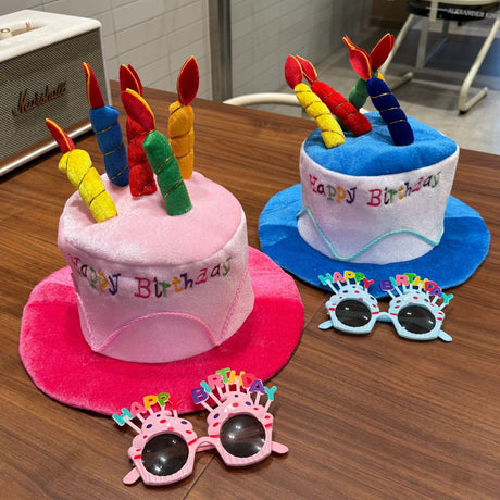 4-piece Pink Plush Birthday Cake Hat Set - Novelty Party Accessory with Matching Glasses and Medals and Shoulder Straps, Fun Photo Prop for Adults and Kids