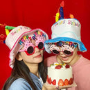 4-piece Pink Plush Birthday Cake Hat Set - Novelty Party Accessory with Matching Glasses and Medals and Shoulder Straps, Fun Photo Prop for Adults and Kids