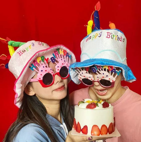 4-piece Pink Plush Birthday Cake Hat Set - Novelty Party Accessory with Matching Glasses and Medals and Shoulder Straps, Fun Photo Prop for Adults and Kids