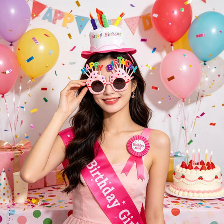4-piece Pink Plush Birthday Cake Hat Set - Novelty Party Accessory with Matching Glasses and Medals and Shoulder Straps, Fun Photo Prop for Adults and Kids