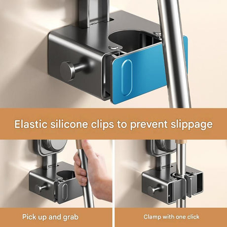 2 pack Grey Suction Cup Mop and Broom Holder Wall Mount - No Drill Adhesive Hook for Bathroom, Kitchen and Laundry, Strong Hold Reusable Storage Organiser for Cleaning Tools