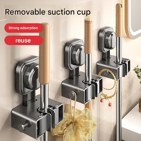 2 pack Milky white Suction Cup Mop and Broom Holder Wall Mount - No Drill Adhesive Hook for Bathroom, Kitchen and Laundry, Strong Hold Reusable Storage Organiser for Cleaning Tools