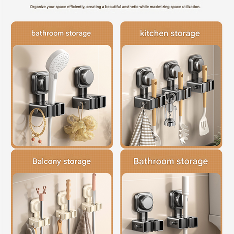 3 pack Milky white Suction Cup Mop and Broom Holder Wall Mount - No Drill Adhesive Hook for Bathroom, Kitchen and Laundry, Strong Hold Reusable Storage Organiser for Cleaning Tools