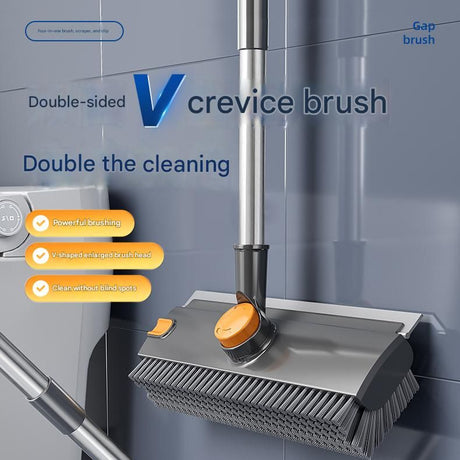 Grey Floor Scrub Brush with V-Shaped Bristles - 360 Degree Rotating Long Handle Gap Cleaner for Bathroom Tiles, Grout and Corners, Heavy Duty Scraper and Brush Combo for  Homes