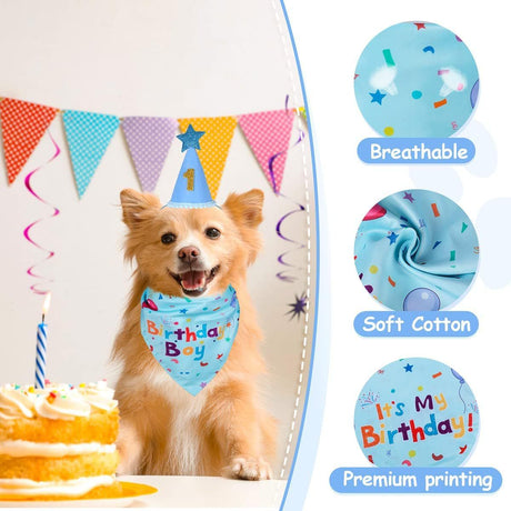 Blue Pet Birthday Bandana and Hat Set - Soft Cotton, Double-Sided Print, Adjustable Party Hat with Number - Cute Dog Birthday Accessories for Photo Props and Celebration