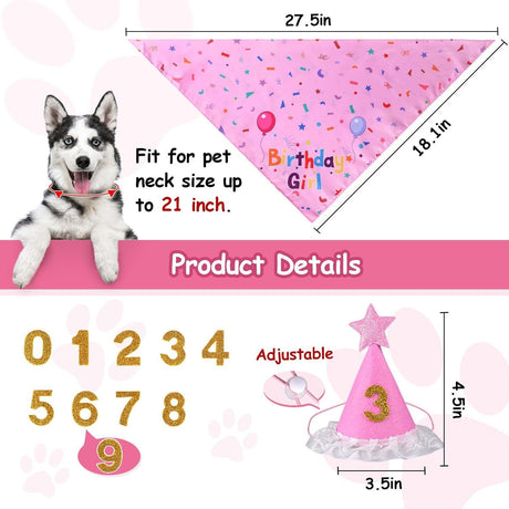 Pink Pet Birthday Bandana and Hat Set - Soft Cotton, Double-Sided Print, Adjustable Party Hat with Number - Cute Dog Birthday Accessories for Photo Props and Celebration
