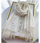 White Winter Cashmere-Like Scarf and Gloves Gift Set for Women - Solid Color Tassel Warm Neck Wrap with Touchscreen Knit Mittens, Premium Gift Box - Birthday & Holiday Present