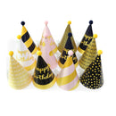 12-piece Kids Birthday Party Hats Set - Gold Pink and Black Paper Cone Hats with Pom Pom Tops, Fun Party Table Decorations, Celebration Accessories for Birthday Events and Themed Gatherings