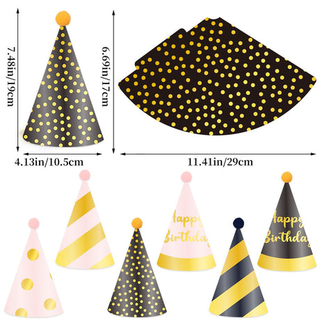 12-piece Kids Birthday Party Hats Set - Gold Pink and Black Paper Cone Hats with Pom Pom Tops, Fun Party Table Decorations, Celebration Accessories for Birthday Events and Themed Gatherings