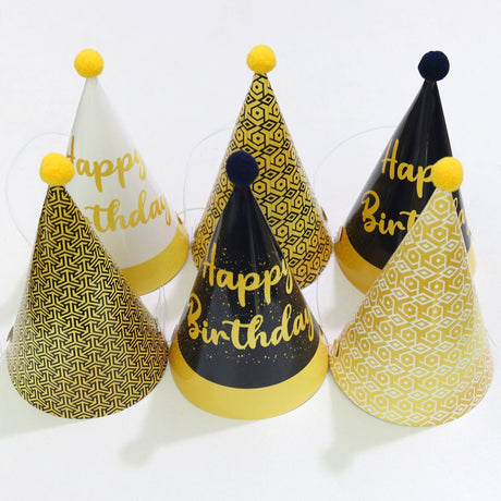 12-piece Kids Birthday Party Hats Set - Gold Pink and Black Paper Cone Hats with Pom Pom Tops, Fun Party Table Decorations, Celebration Accessories for Birthday Events and Themed Gatherings